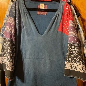 We The Free Multicolor Patchwork V-Neck Blouse